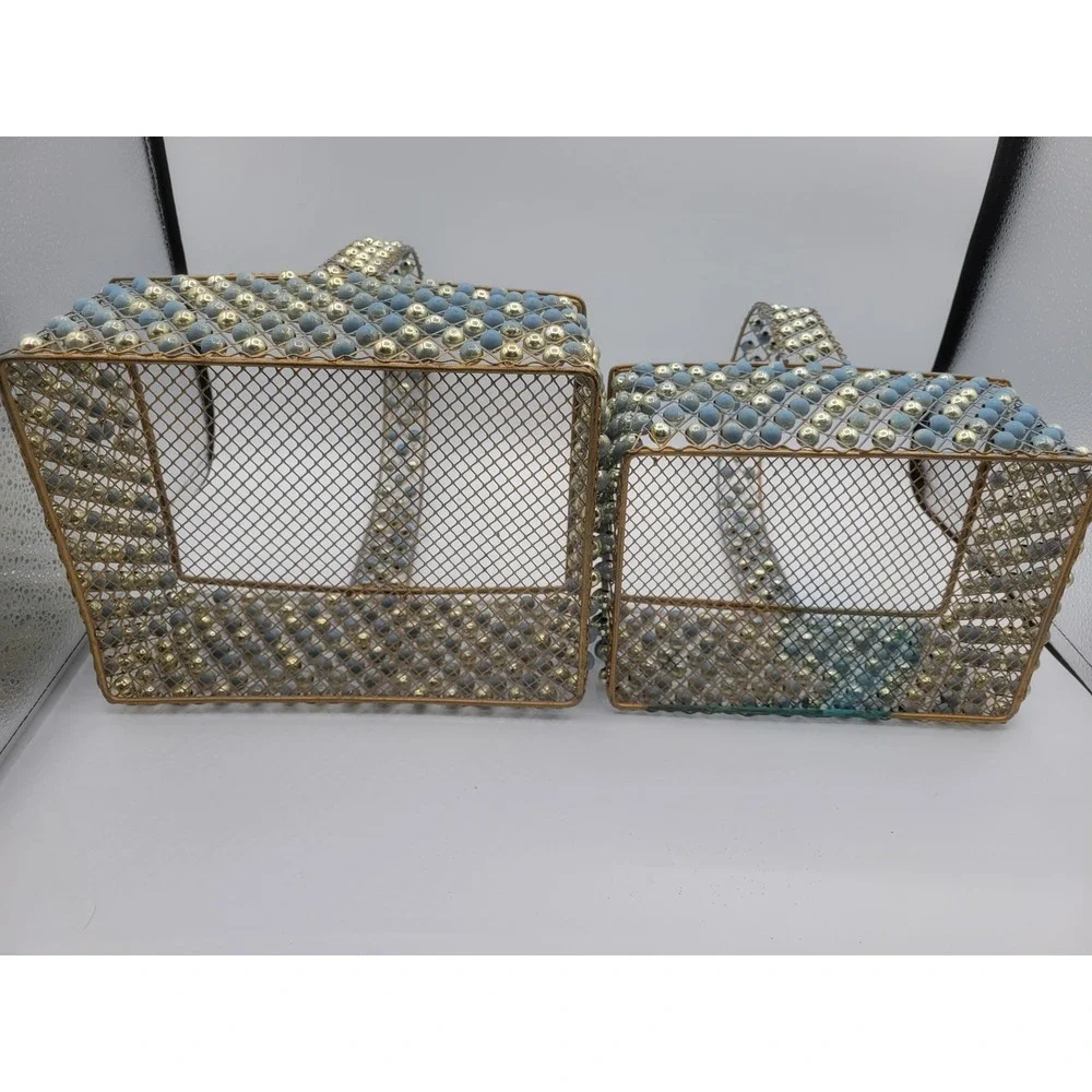 Vintage Beaded Wire Mesh Basket Set 2pc Blue Gold Cottagecore Decorative Storage